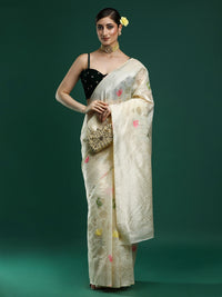 Woven Design Floral Chanderi Cotton Saree in Cream