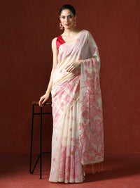 Floral Printed Zari Chanderi Saree in pink