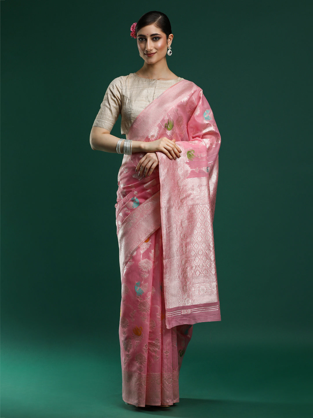Woven Design Floral Chanderi Cotton Saree in Pink