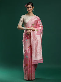 Woven Design Floral Chanderi Cotton Saree in Pink