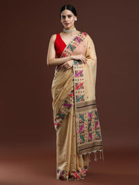Woven Design Ethnic Motif Muga Cotton Saree in Beige