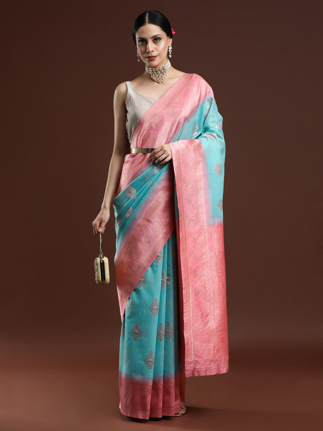 Woven Design Chanderi Cotton Saree in Light Blue