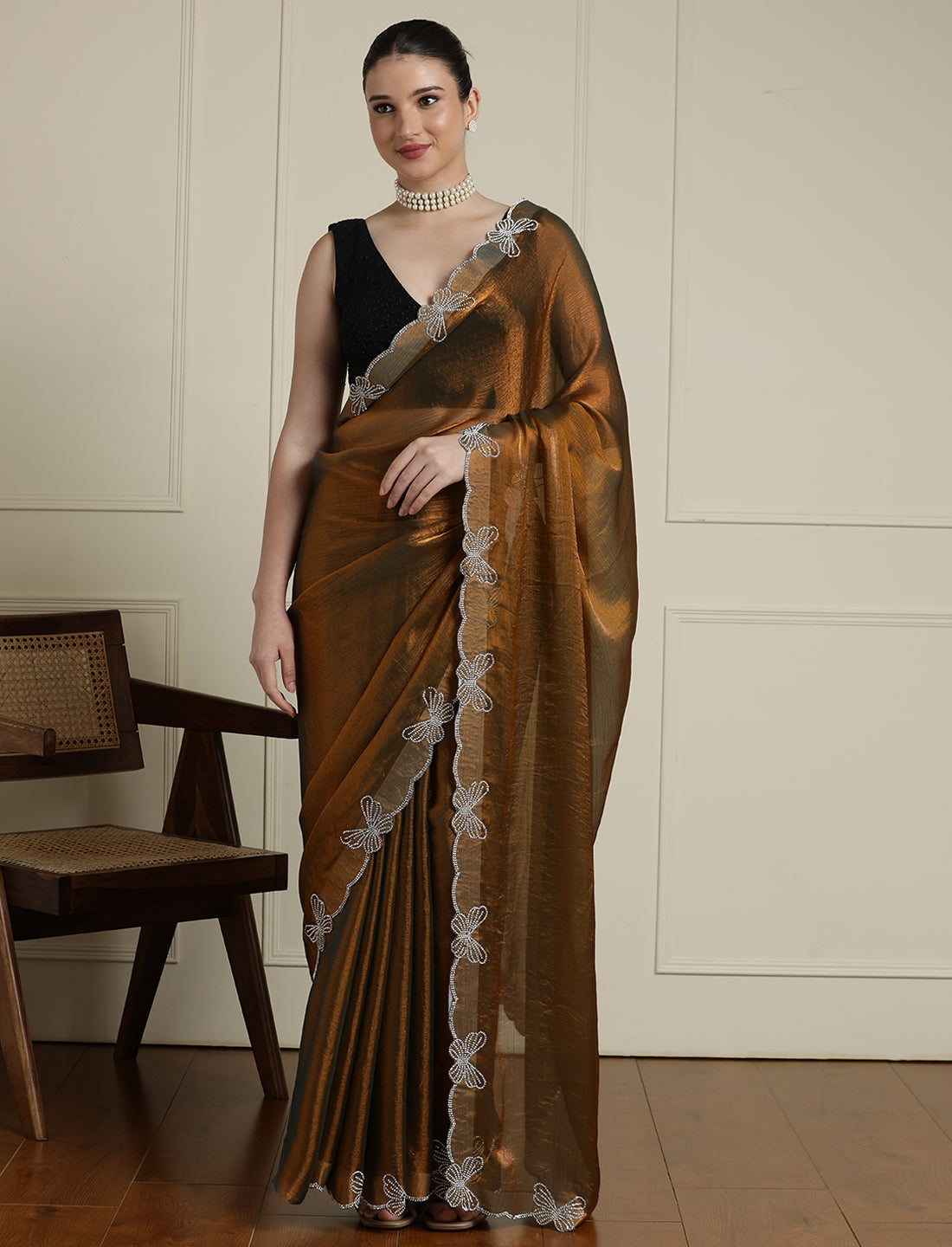 Beads and Stones Wedding Saree With Blouse in Mustard / Gold