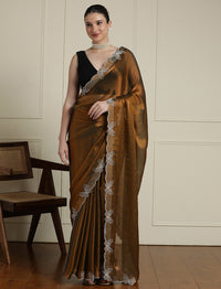 Beads and Stones Wedding Saree With Blouse in Mustard / Gold