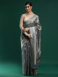 Woven Design Floral Chanderi Cotton Saree in Grey