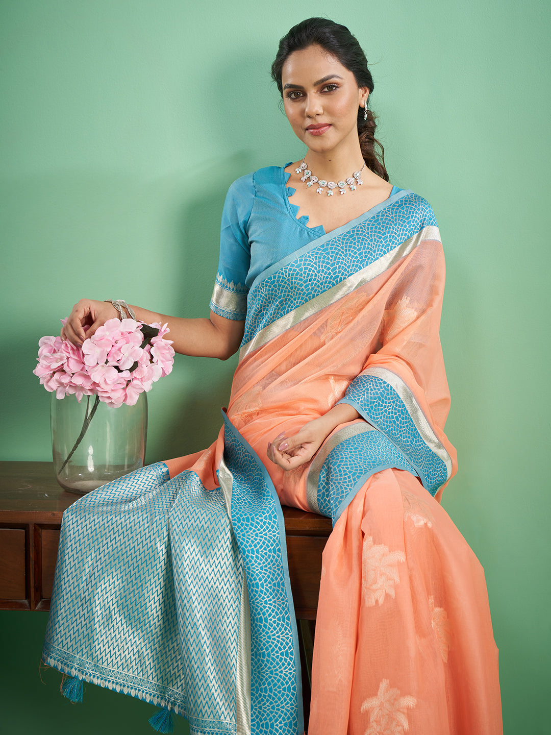 Rohini Cotton In Peach & Sky Blue