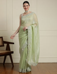 Woven Design Floral Saree With Blouse in Green