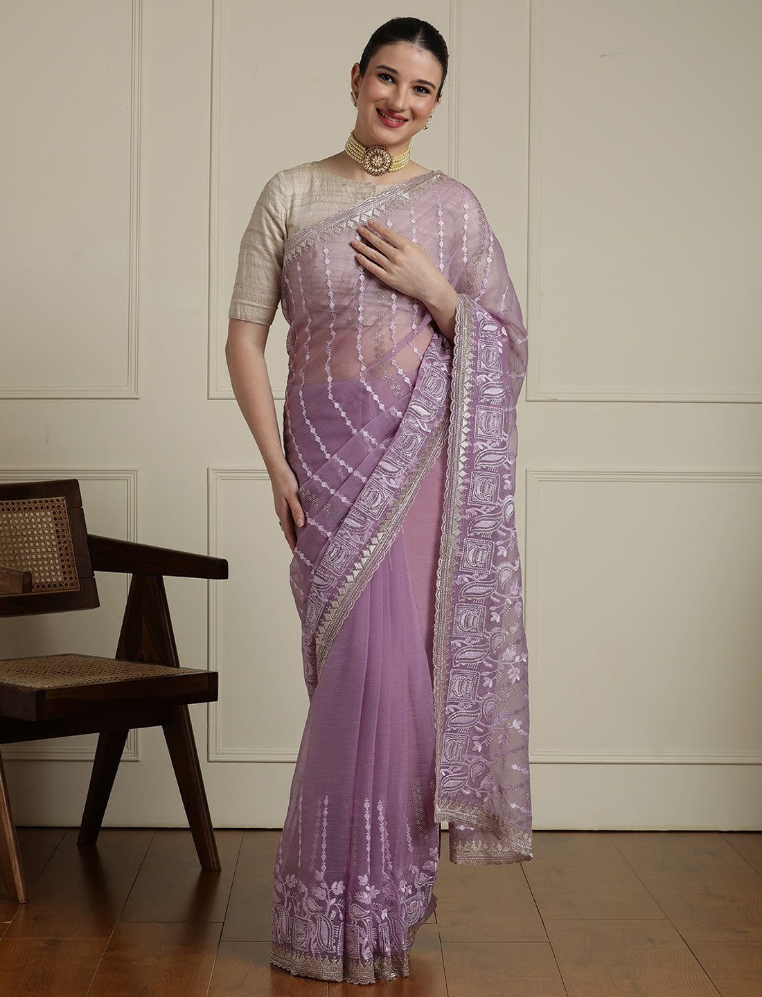 Floral Embroidered Beads And Stones Saree With Blouse Piece in Purple
