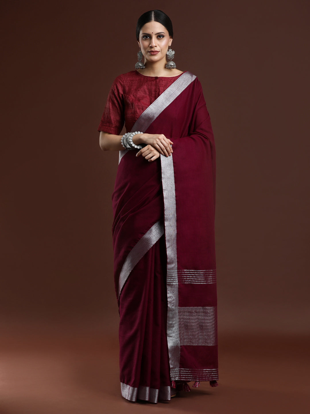 Woven Design Solid Bhagalpuri Linen Saree in Maroon