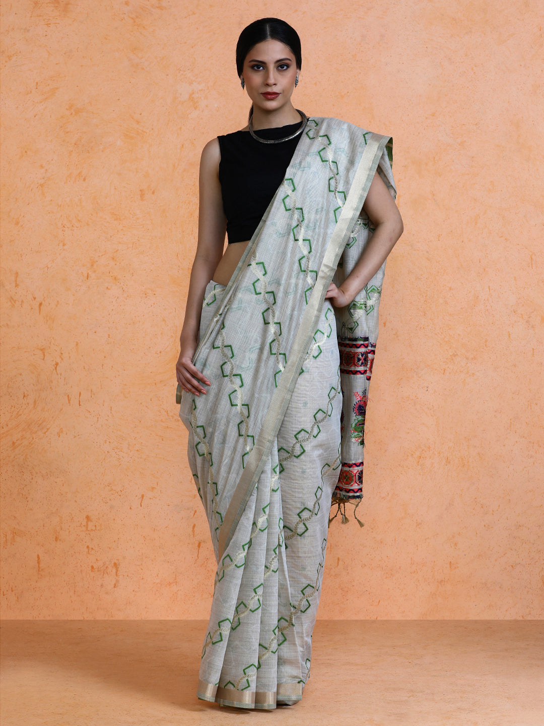 Devina Cotton in Beige with Green Motifs