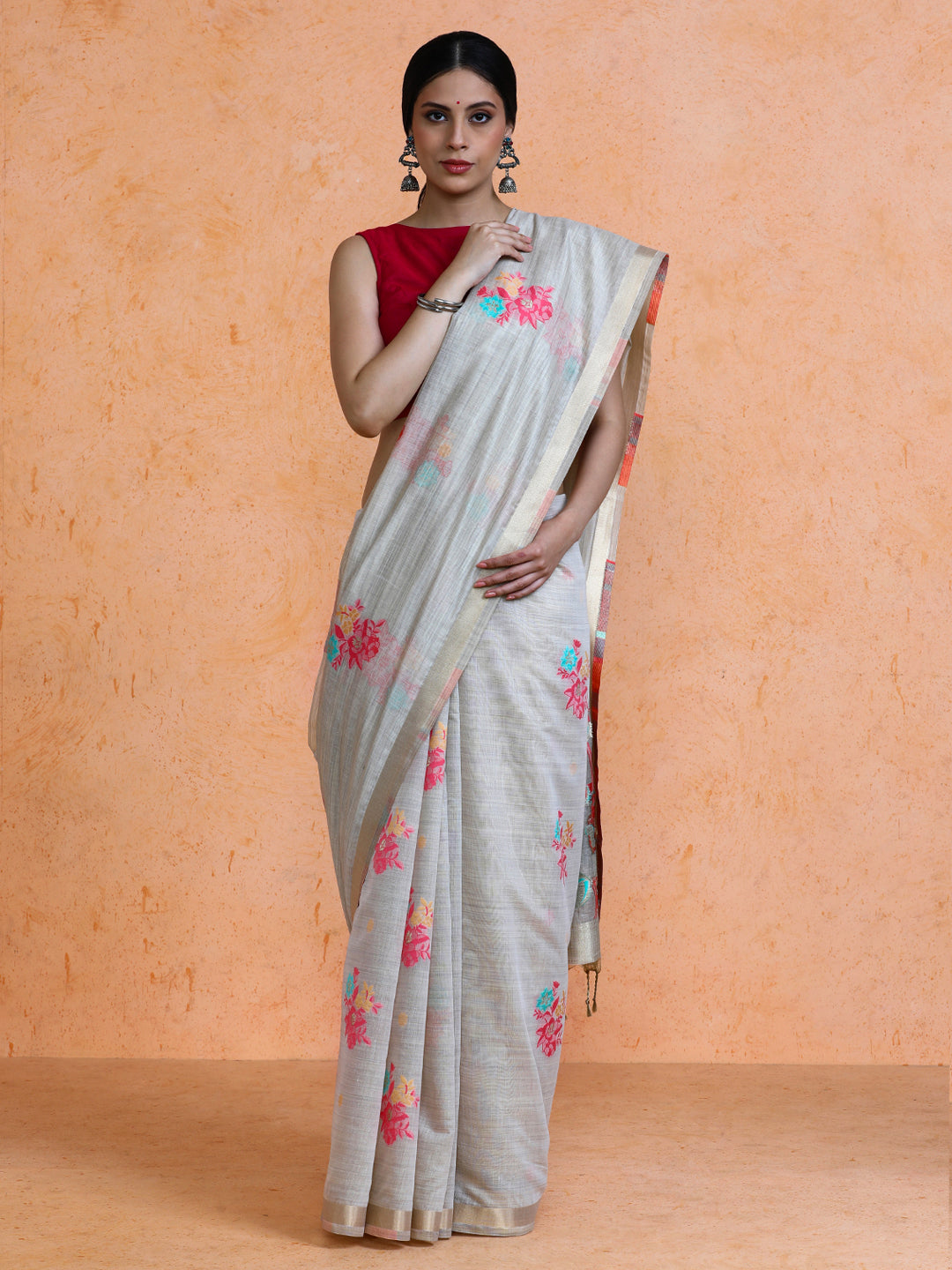 Leela Cotton in Beige with Coral Pink Motifs