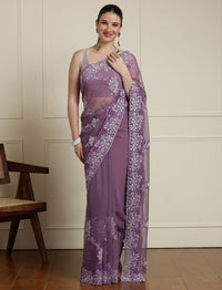 Embroidered Sarees With Unstitched Blouse in Purple
