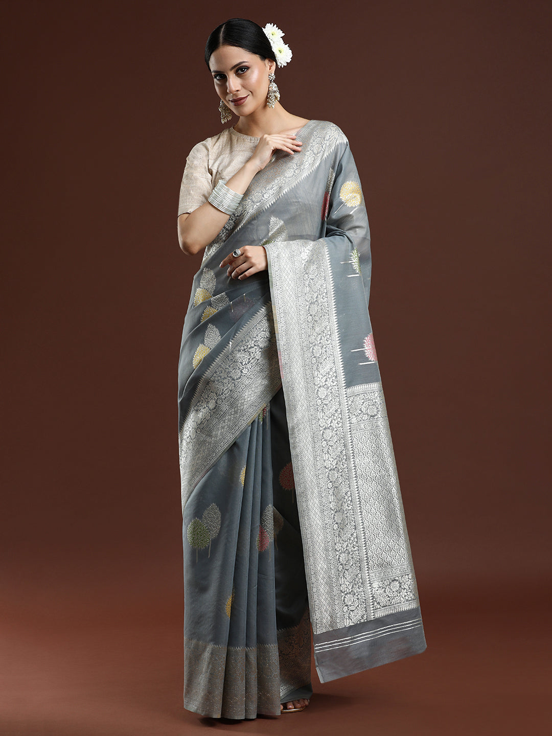 Woven Design Chanderi Cotton Saree in Grey