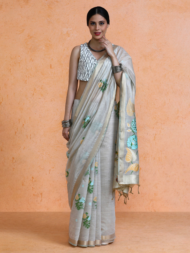 Leela Cotton in Beige with Green Motifs