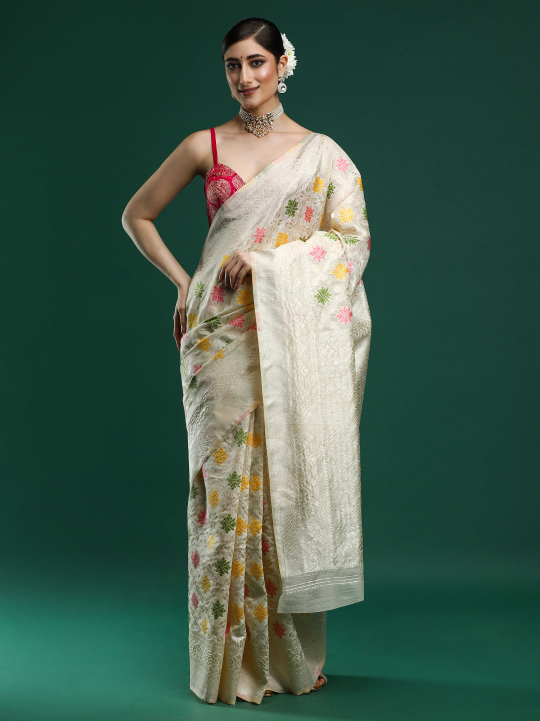 Woven Design Chanderi Cotton Saree in Cream