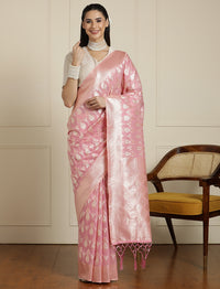 Ethnic Motifs Woven Design Muga Saree in Pink