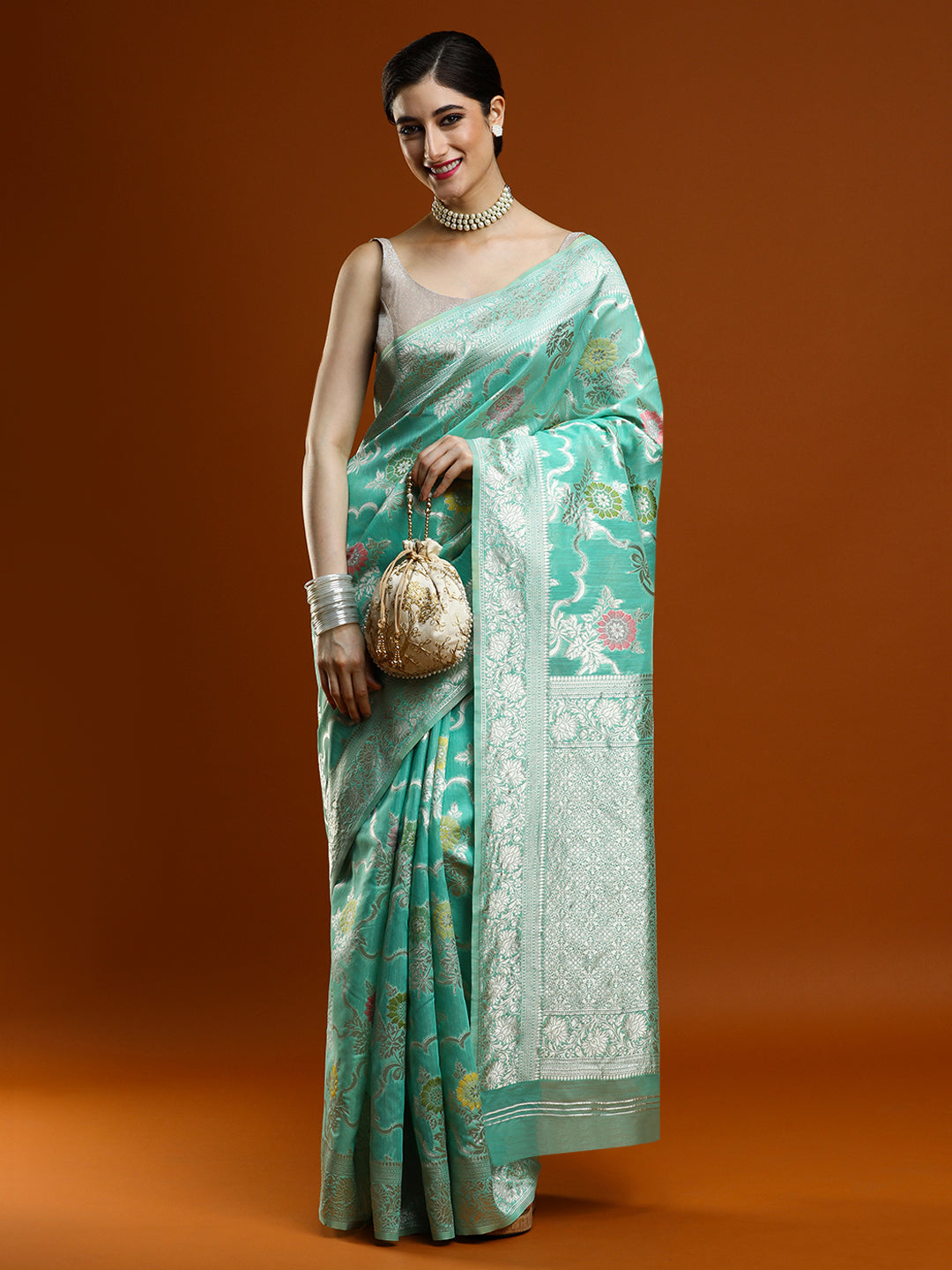 Sarha Ethnic Motifs Woven Design Zari Chanderi Saree in Sea Green
