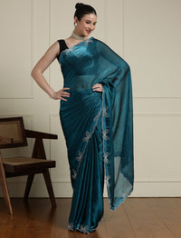 Embellished Beads and Stones Saree With Blouse in Blue