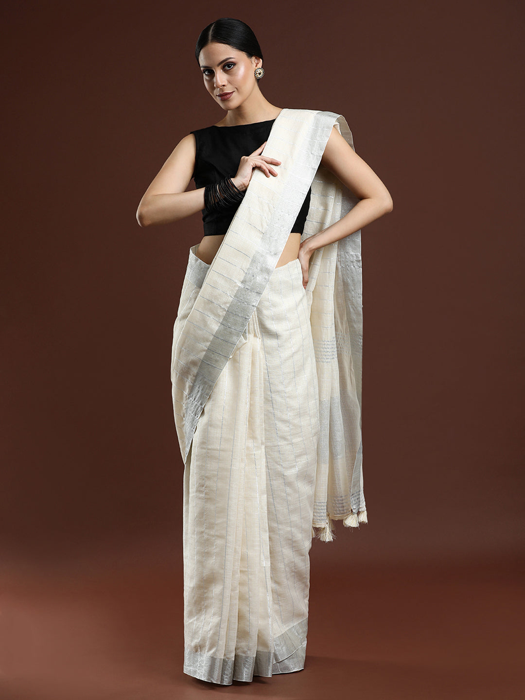 Woven Design Striped Bhagalpuri Saree in Cream
