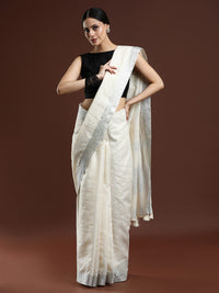 Woven Design Striped Bhagalpuri Saree in Cream