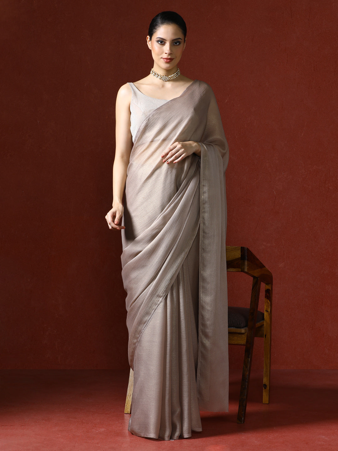 Solid Saree with Blouse Piece in brown