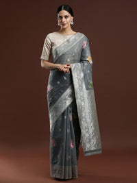 Woven Design Floral Chanderi Cotton Saree in Grey