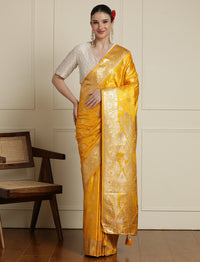 Ethnic Motif Printed Banarasi Saree With Blouse Piece in Yellow