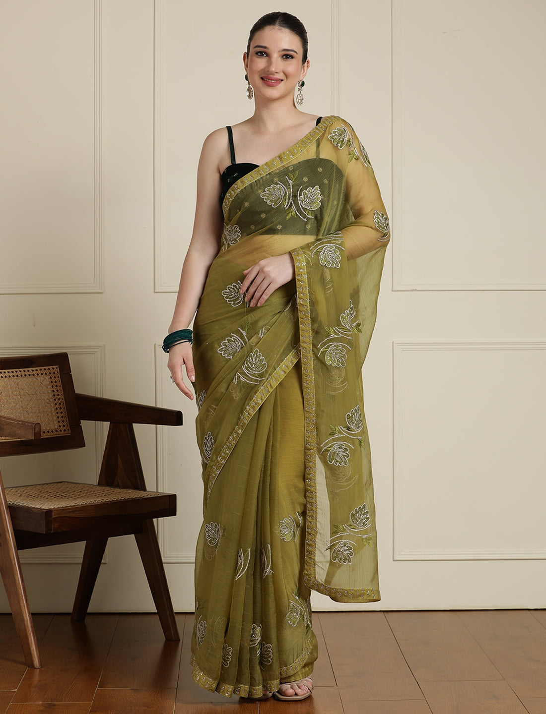 Floral Motif Embroidered Zari Wedding Saree in Green