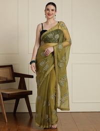 Floral Motif Embroidered Zari Wedding Saree in Green