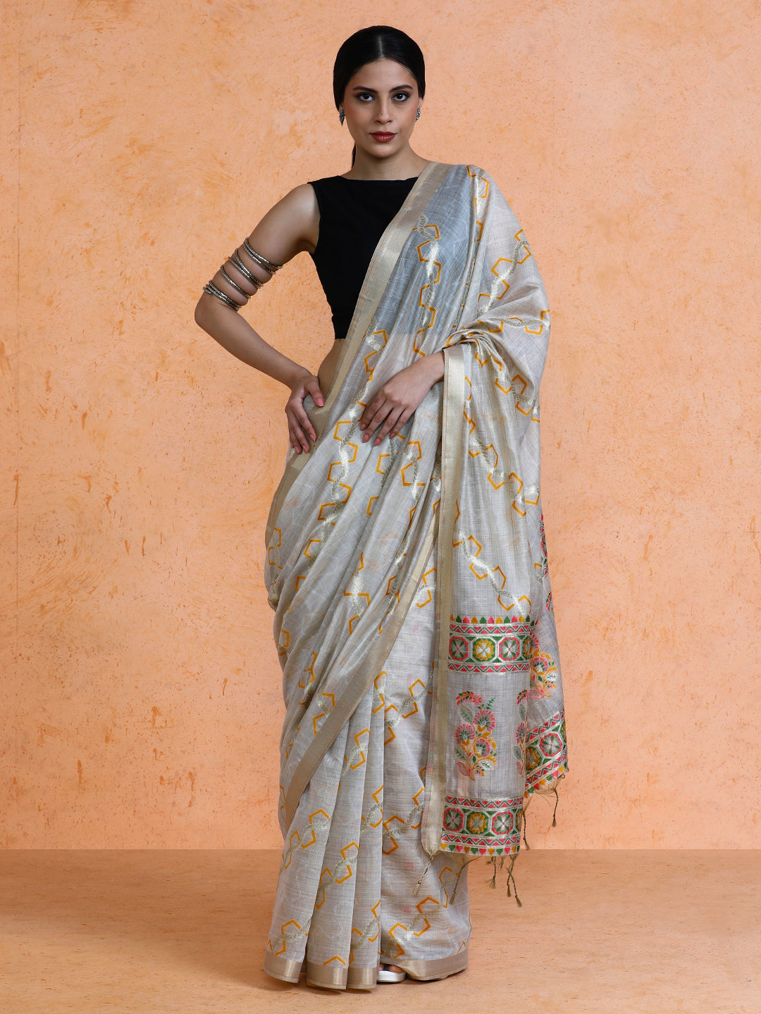 Devina Cotton in Beige with Yellow Motifs