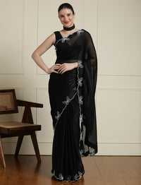 Butterfly Embellished Beads And Stones Saree With Blouse in Black