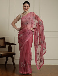 Floral Embellished Chiffon Saree With Unstitched Blouse in Pink