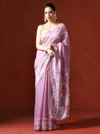 Handloom Geometric Woven Design Chanderi Saree in pink