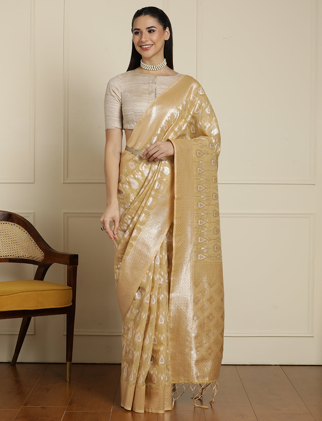 Geometric Woven Design Zari Muga Saree in Beige