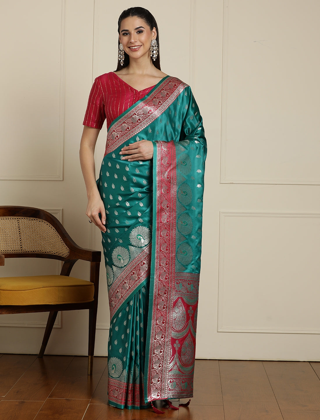 Ethnic Motif Woven Design Zari Banarasi Satin Silk Saree & Blouse Piece in Sea Green