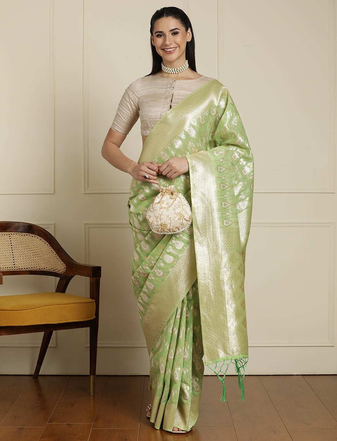 Ethnic Motifs Woven Design Muga Saree in Green
