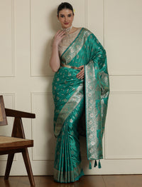 Ethnic Motif Woven Design Zari Banarasi Satin Silk Saree & Blouse Piece in Sea Green