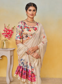 Sundari Cotton in Beige with Pink Motifs