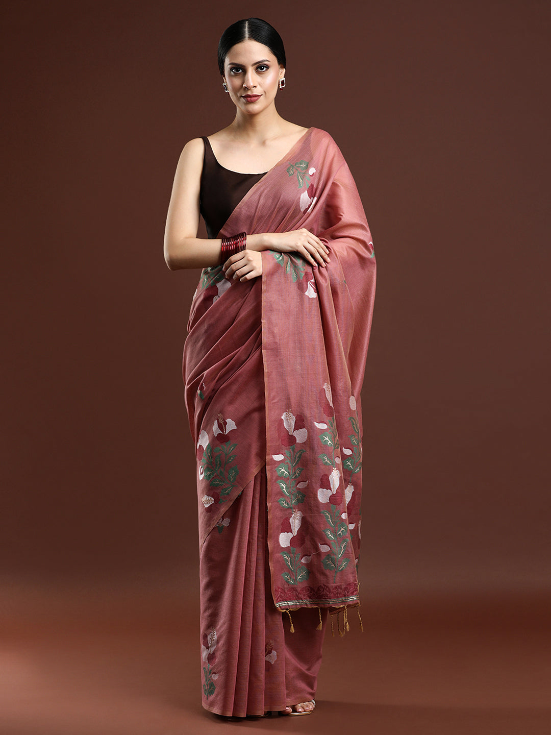 Woven Design Floral Muga Cotton Saree in Red