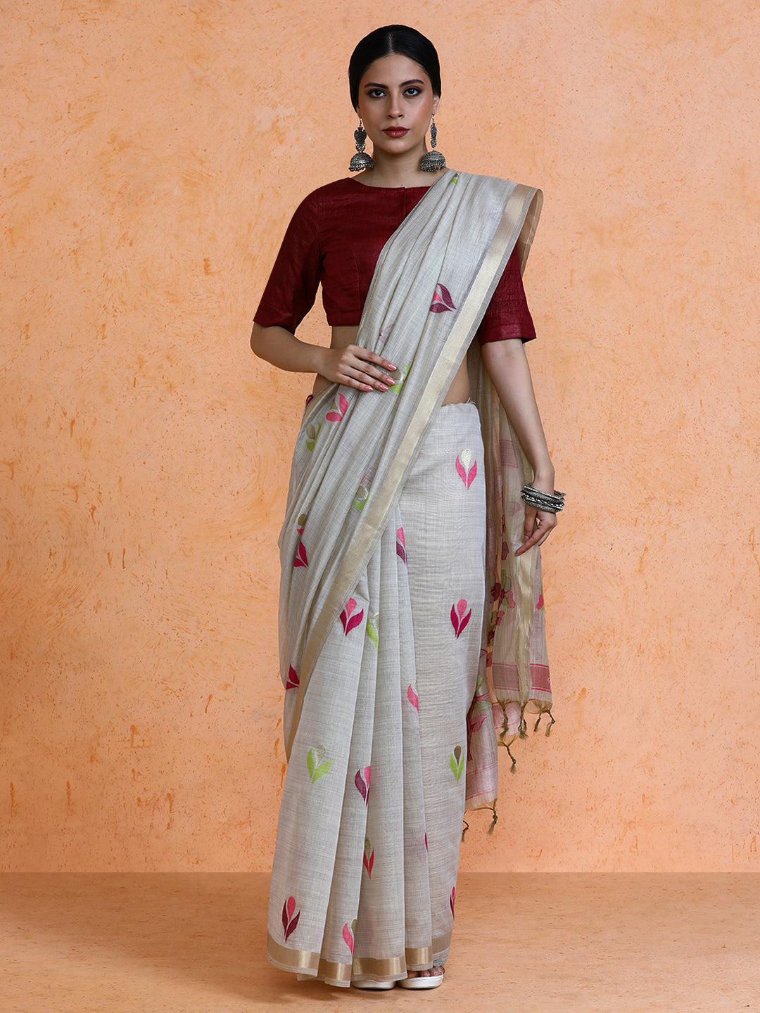 Rithika Cotton in Beige with Pink Motifs