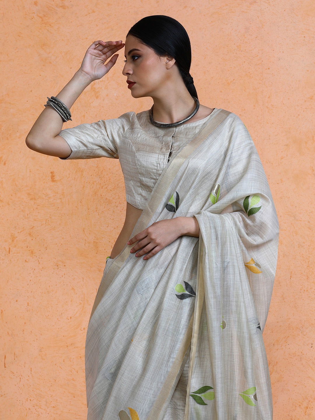 Rithika Cotton in Beige with Green Motifs