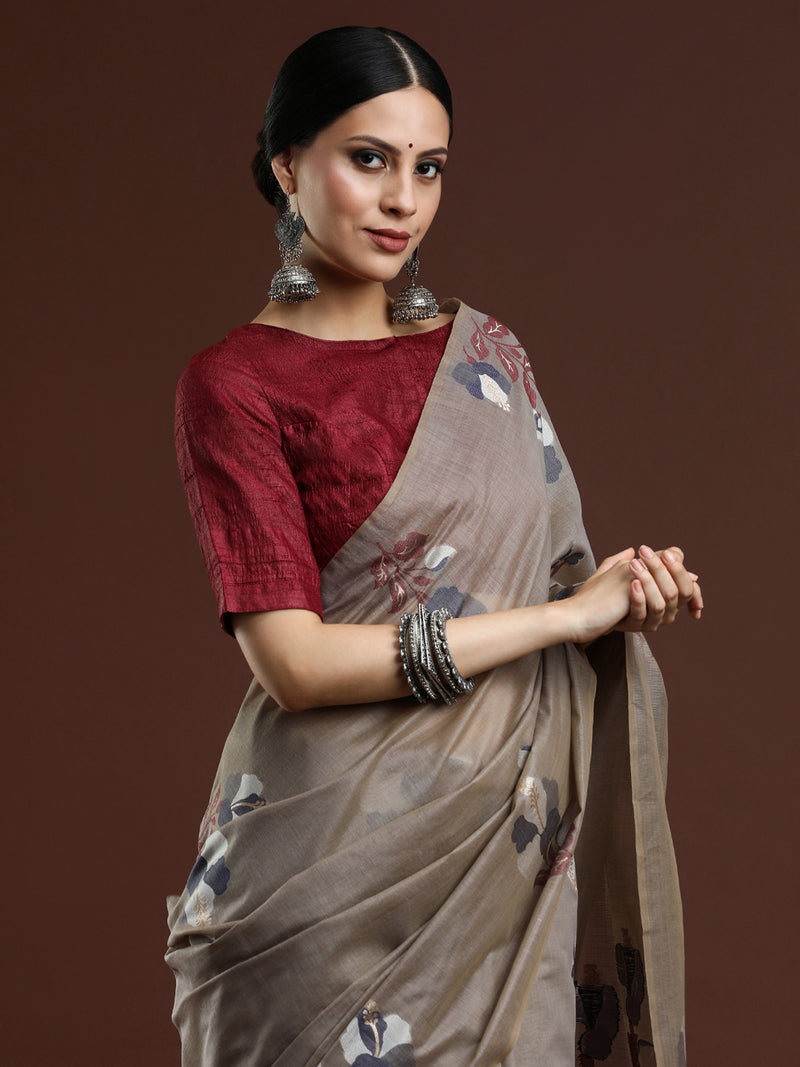 Woven Design Floral Muga Cotton Saree in Grey