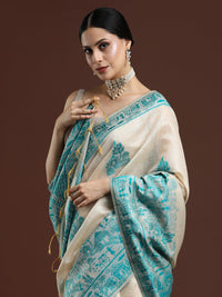 Woven Design Chanderi Cotton Saree with Blue Motifs