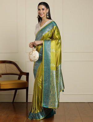 Ethnic Motifs Zari Banarasi Saree in Light Green