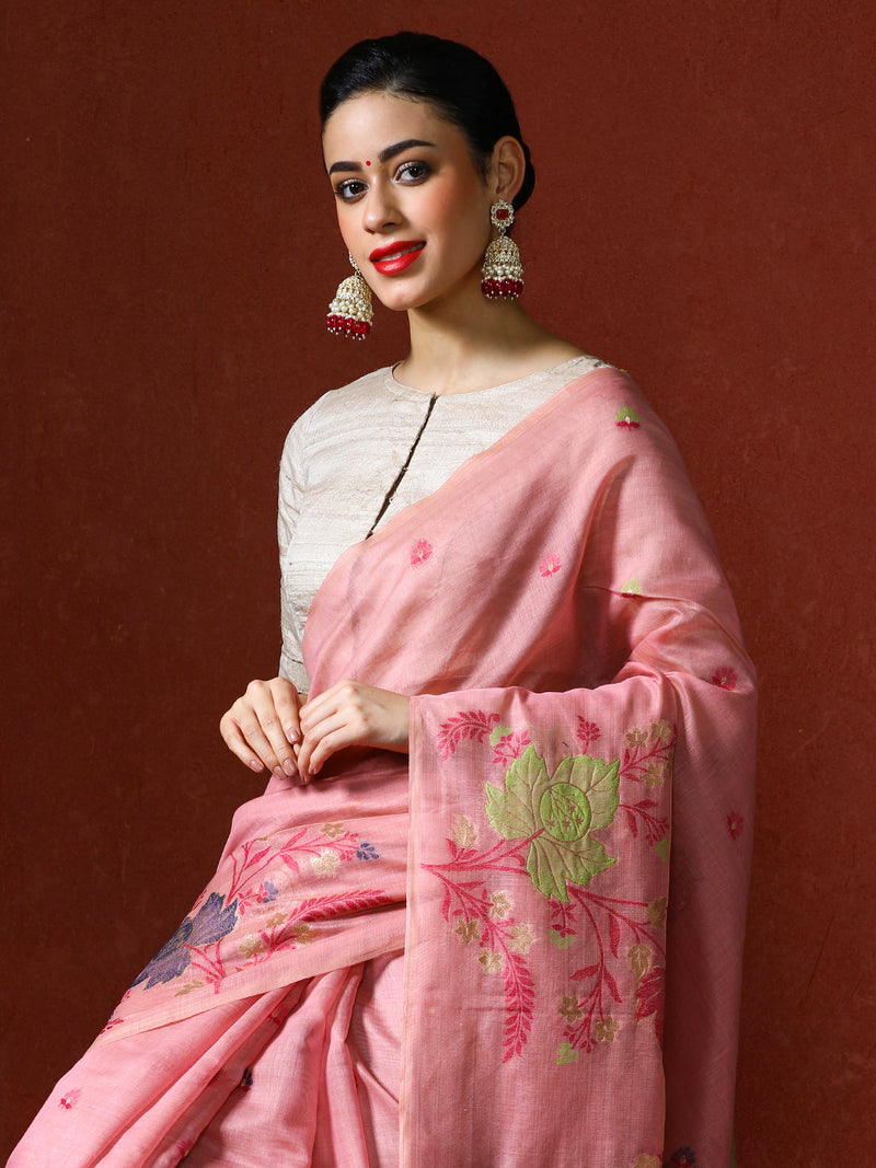 Floral Embellished Embroidered Chanderi Saree in pink