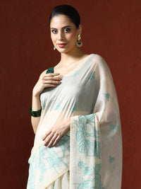Floral Printed Zari Chanderi Saree in green
