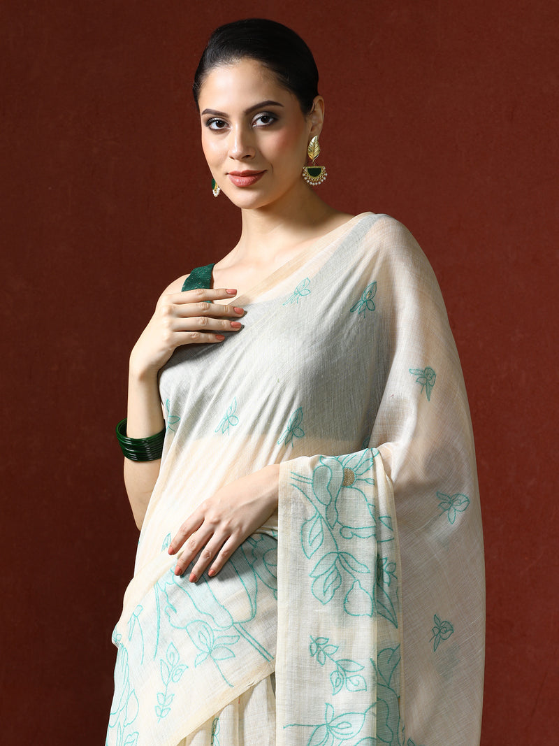 Floral Printed Zari Chanderi Saree in green