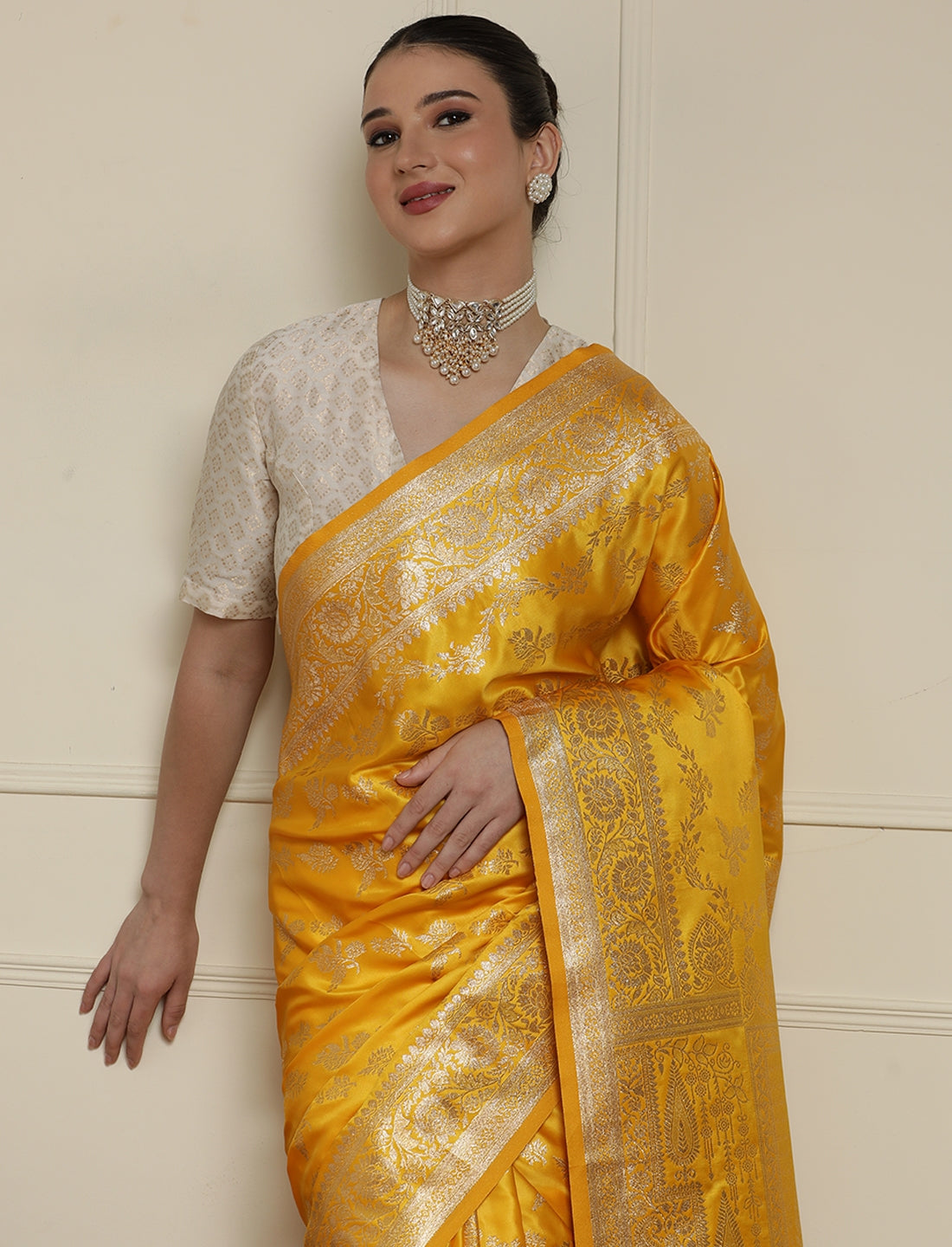 Ethnic Motifs Woven Design Banarasi Saree With Blouse in Yellow