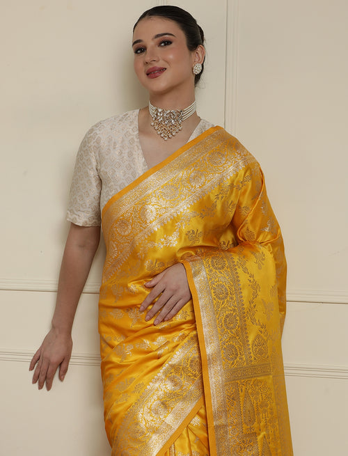 Ethnic Motifs Woven Design Banarasi Saree With Blouse in Yellow