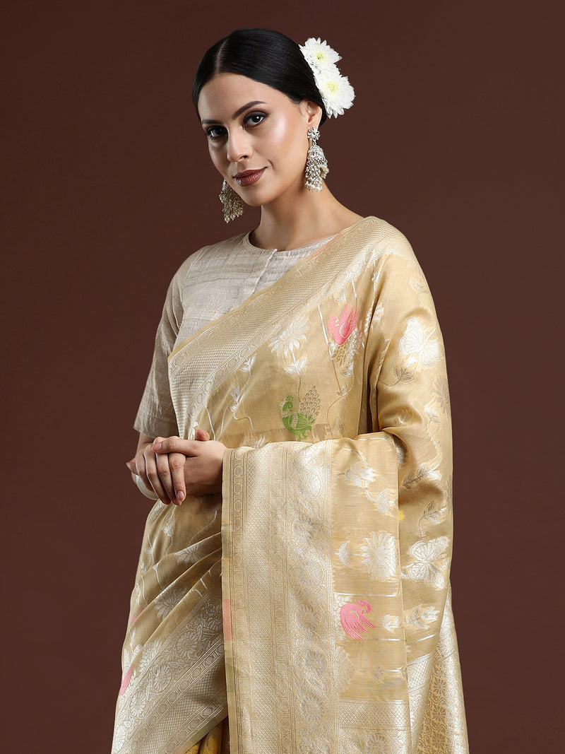 Woven Design Floral Chanderi Cotton Saree in Beige